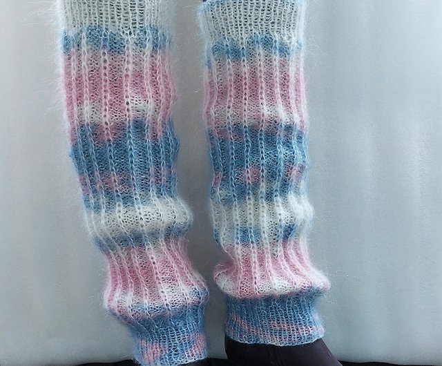 Long knitted mohair leggings, white - blue - pink cuffs on shoes