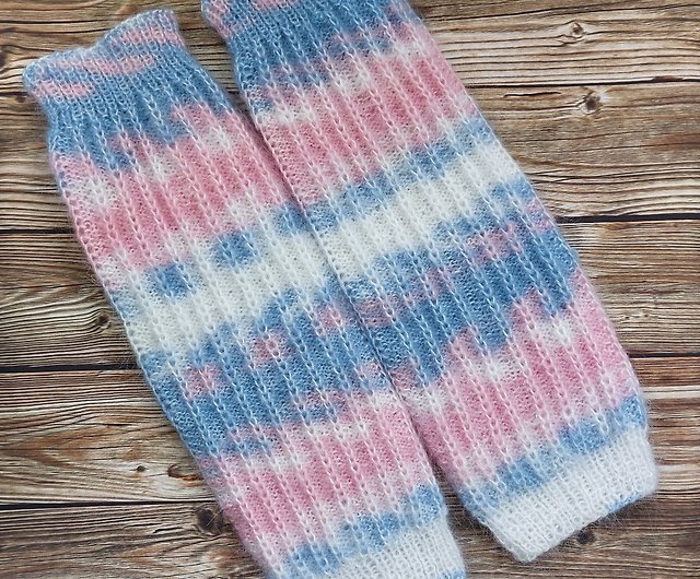 Long knitted mohair leggings, white - blue - pink cuffs on shoes - Shop  Knitted socks mittens Stockings - Pinkoi