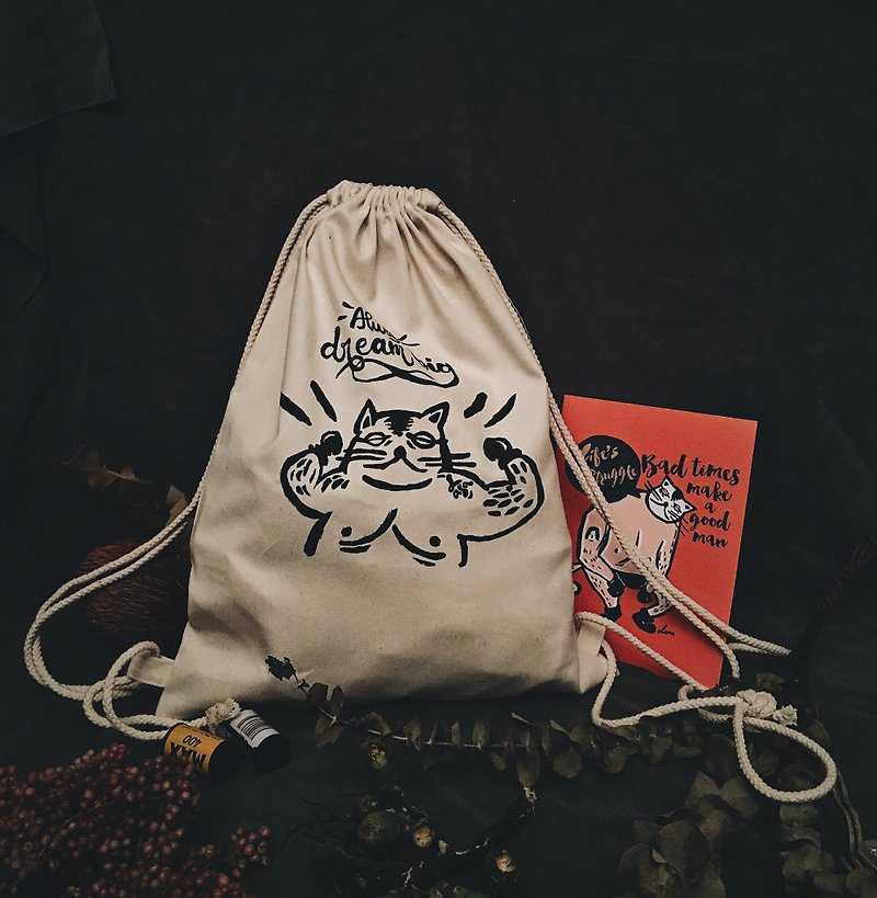 Handmade silk back canvas bag-cat dream come true - กระเป๋าเป้สะพายหลัง - ผ้าฝ้าย/ผ้าลินิน ขาว