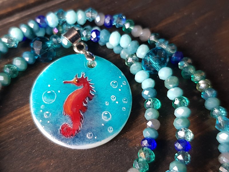 Seahorse necklace, surfer jewelry, miniature painting on pearl, blue pendant - Necklaces - Pearl Blue