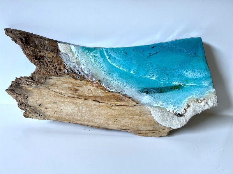 Live edge ocean wall art, 掛畫 ocean wall board, 藍染 resin sea wood slab 客廳 掛畫 - 壁貼/牆壁裝飾 - 樹脂 藍色