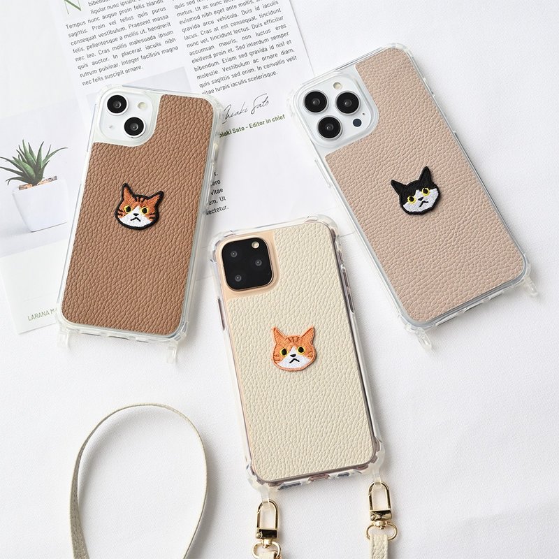 リアケース クリア 【 simple ワッペン 猫 】 刺繍 スマホケース スマホショルダー くすみカラー A244I - 手機殼/手機套 - 真皮 咖啡色