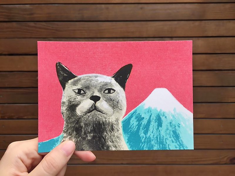 Cat and Mount Fuji - engraved printed postcard - Cards & Postcards - Paper 