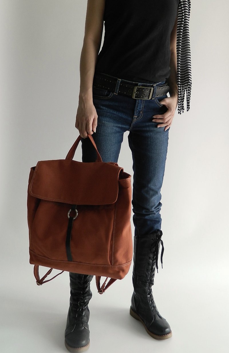 ผ้าฝ้าย/ผ้าลินิน กระเป๋าเป้สะพายหลัง - Orange pumpkin travel backpack /Canvas school backpack -  Tanya (no.102)