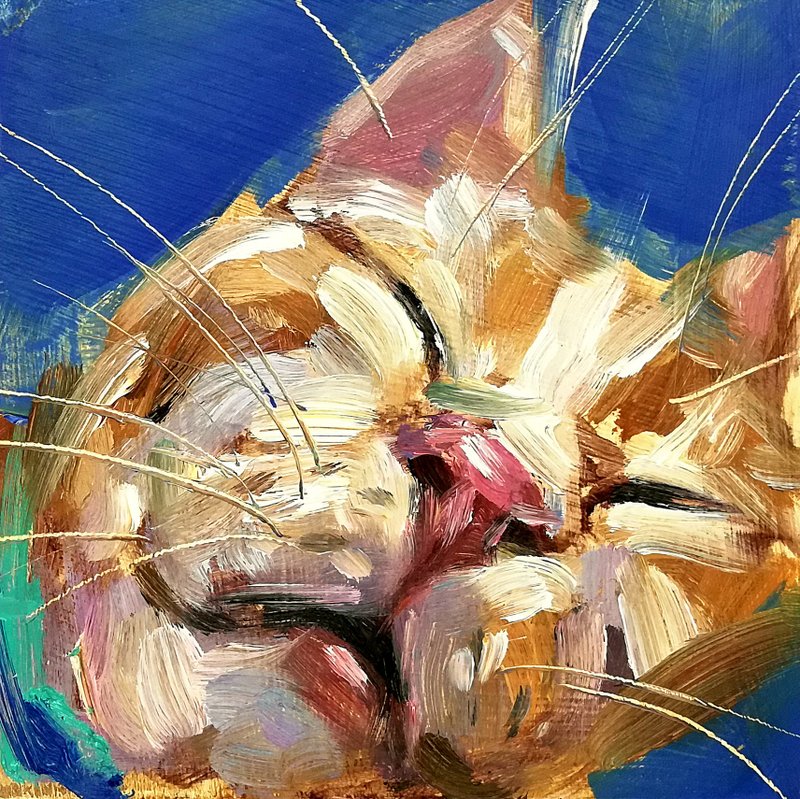 Sleeping Tabby Cat Original Oil Painting Funny Animals Pet Art - โปสเตอร์ - วัสดุอื่นๆ หลากหลายสี