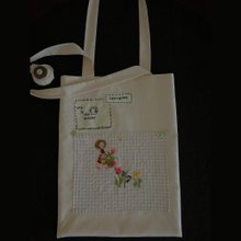 ガーデンシリーズ｜ブルーチェック刺繍ハンドメイドトートバッグ