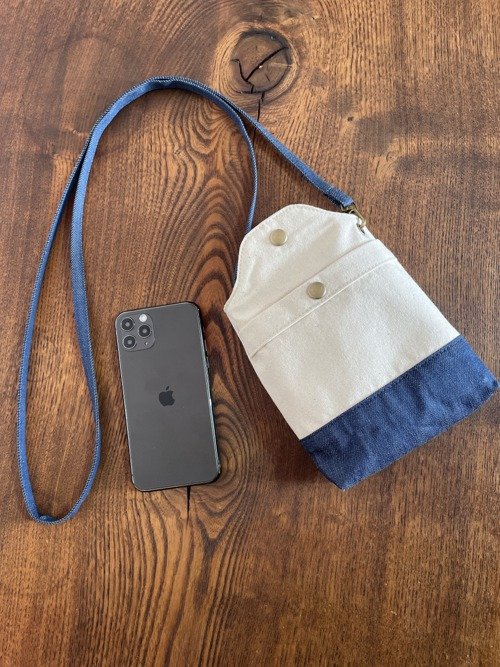 migobroom japan 倉敷帆布 岡山デニム バイカラー スマホポシェット スマホショルダー スマホポーチ キナリ×インディゴ