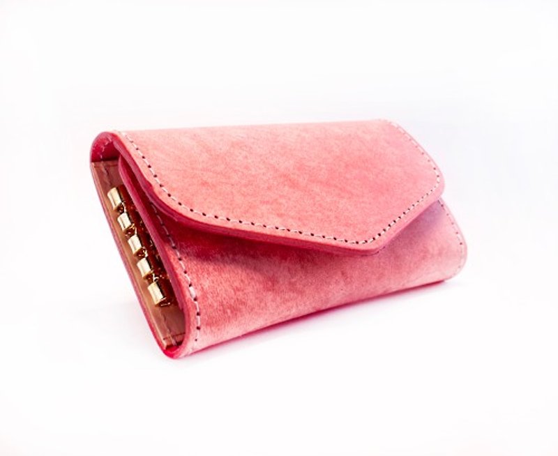 Coral pink magnetic key case Italian leather MAYA - Keychains - Genuine Leather Pink