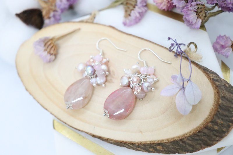 Teardrop Agate Stone & Crystals Pearls Mixed Cluster 925 Silver Hook Earrings - 耳環/耳夾/耳骨夾 - 石頭 粉紅色