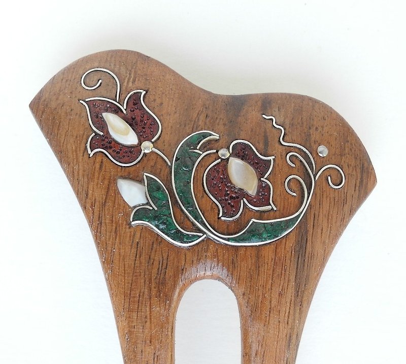 Wooden inlaid hair fork with malachite - 髮夾/髮飾 - 木頭 多色