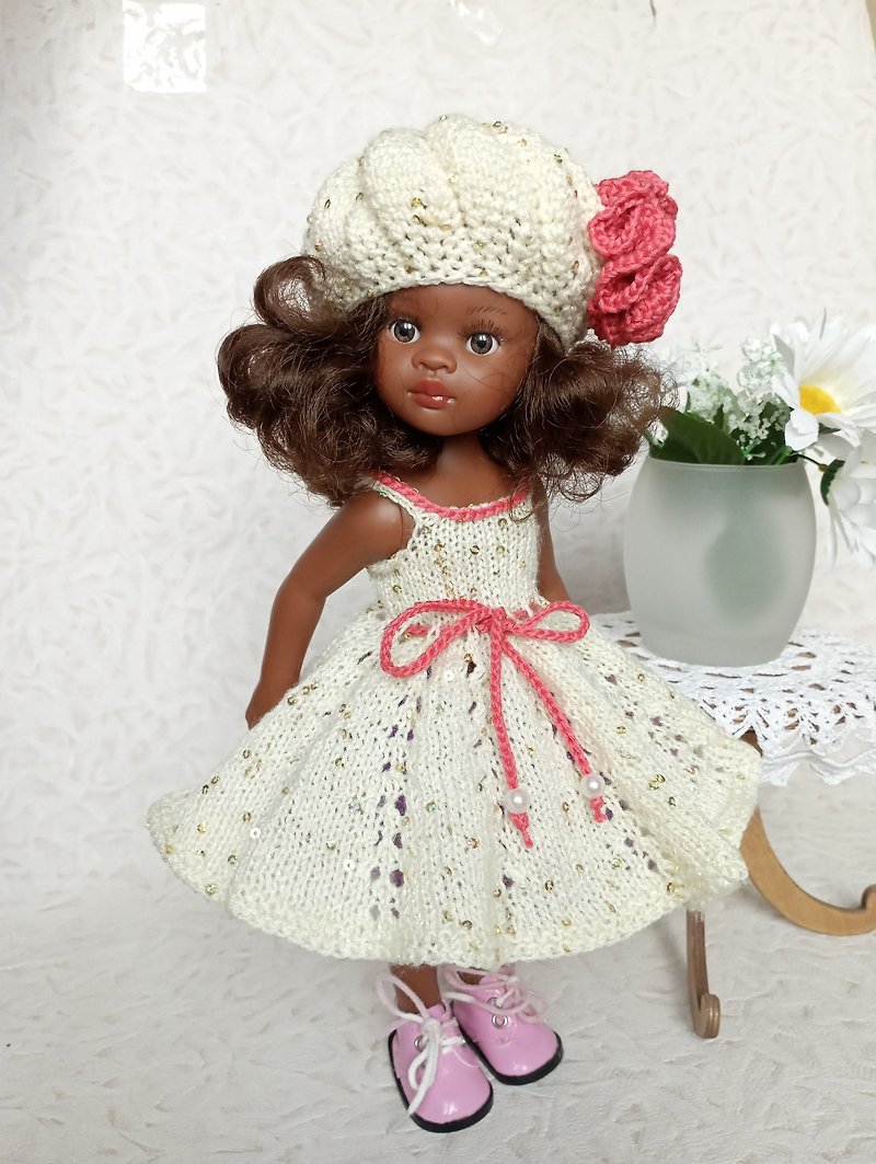 Knitted dress and hat for Paola Reina doll. Handwork. outfit for 13 inch doll