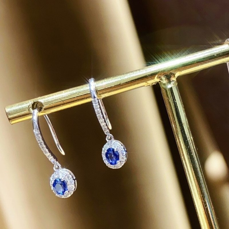 【WhiteKuo】18k Natural Sapphire Diamond Earhook - ต่างหู - เครื่องเพชรพลอย สีน้ำเงิน