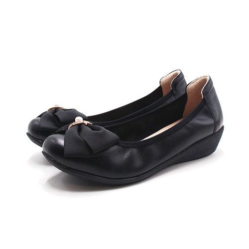 米蘭皮鞋Milano W&M(女)珍珠蝴蝶結楔型底娃娃鞋 女鞋-黑色