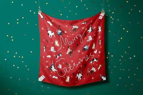 LUCY DALi 【聖誕禮物】貓咪聖誕節::真絲絲巾100%silk::方巾圍巾