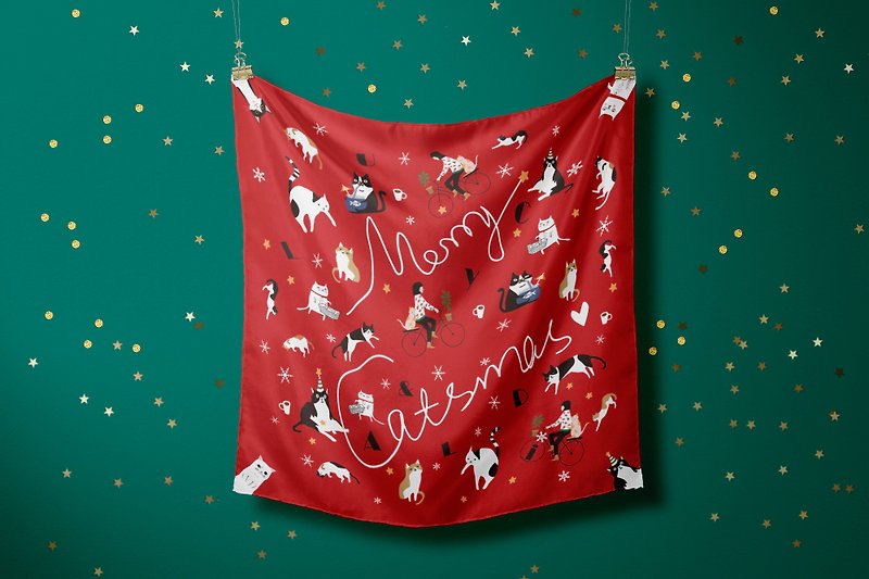 100% silk big scarf 75x75cm in cat Christmas print - Scarves - Silk Red