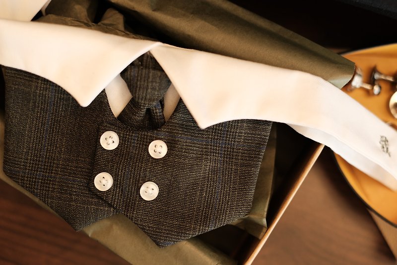 Custom double-breasted suit collar for pets/signature double-breast collar in hemp gray grid - ชุดสัตว์เลี้ยง - ผ้าฝ้าย/ผ้าลินิน สีเทา