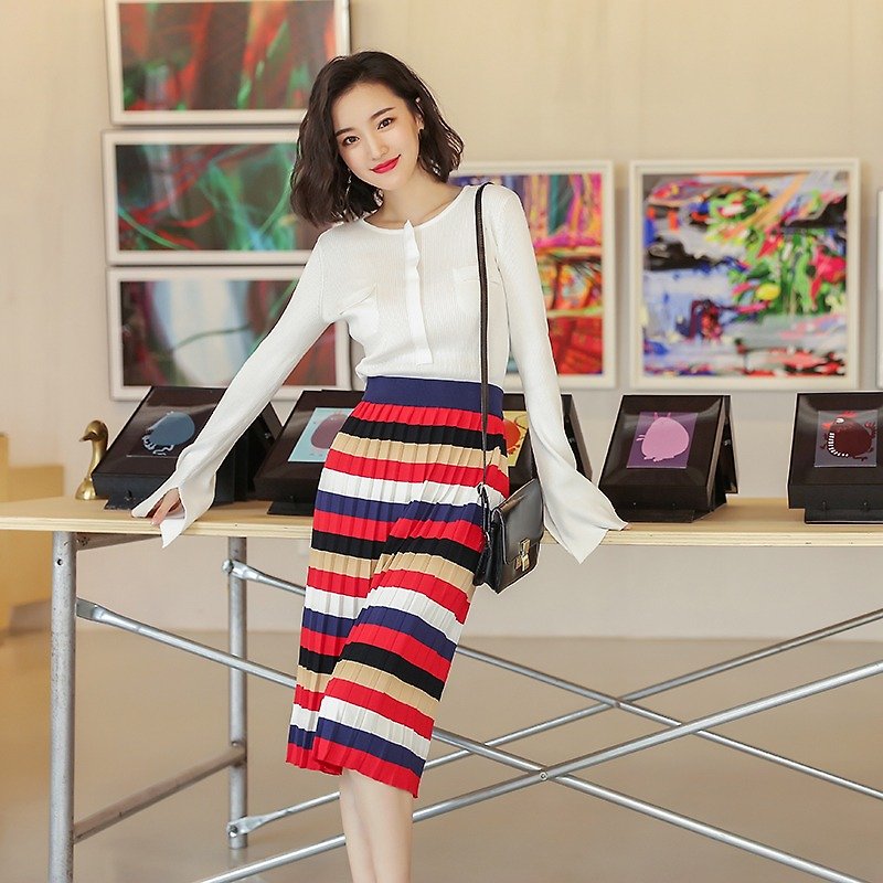 Striped knit skirt / midi skirt - สเวตเตอร์ผู้หญิง - เส้นใยสังเคราะห์ หลากหลายสี