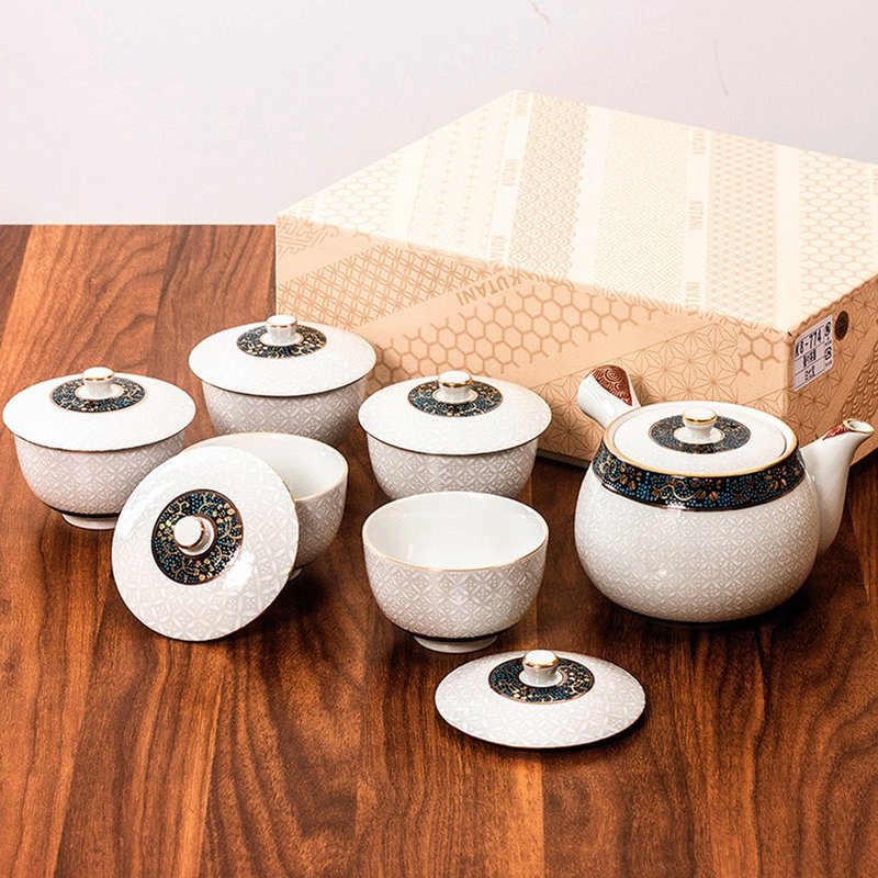 日本進口九谷燒手工側把泡茶壺金白七寶帶蓋茶具套裝一壺五杯禮盒 - 茶壺/茶杯/茶具 - 瓷 