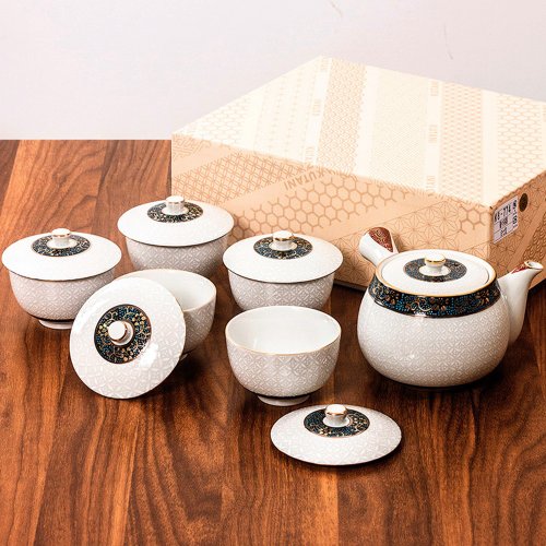 日本藥師窯 日本進口九穀燒手工側把泡茶壺金白七寶帶蓋茶具套裝一壺五杯禮盒