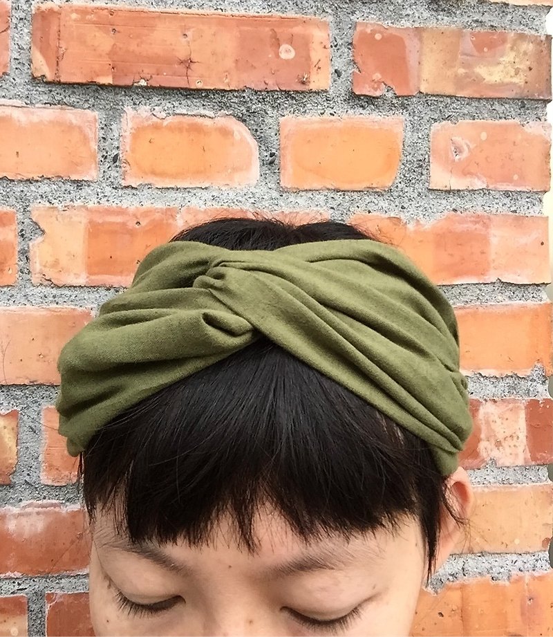 棉麻軍綠寬寬頭帶髮帶 - 髮飾 - 棉．麻 綠色