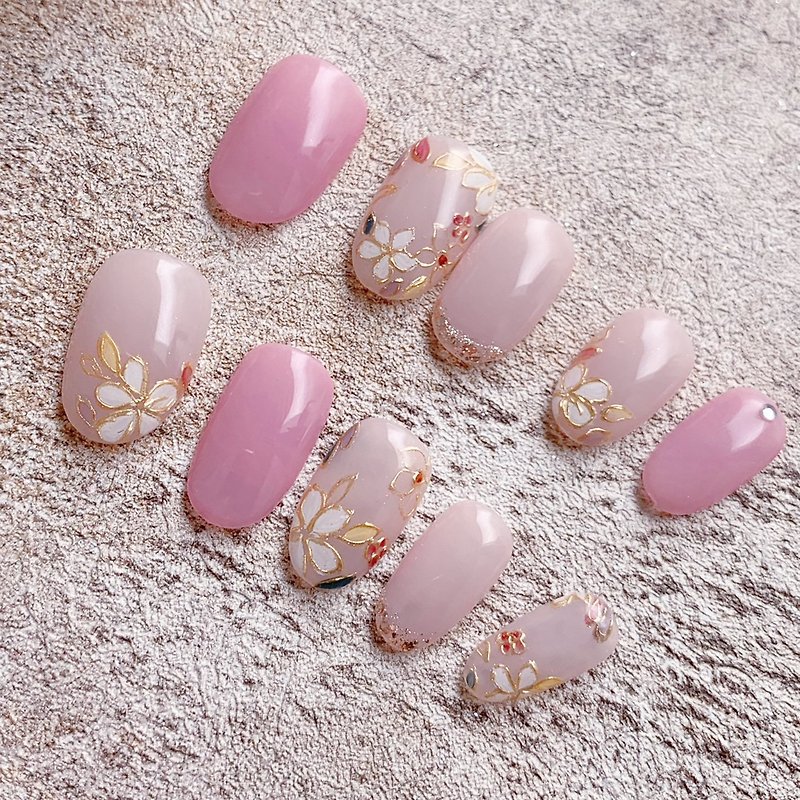 Light you up Golden Silk Flower Nail Patch/Wearing Nail/Customized Nail Patch NA 66 - Nail Polish & Acrylic Nails - Other Materials Pink