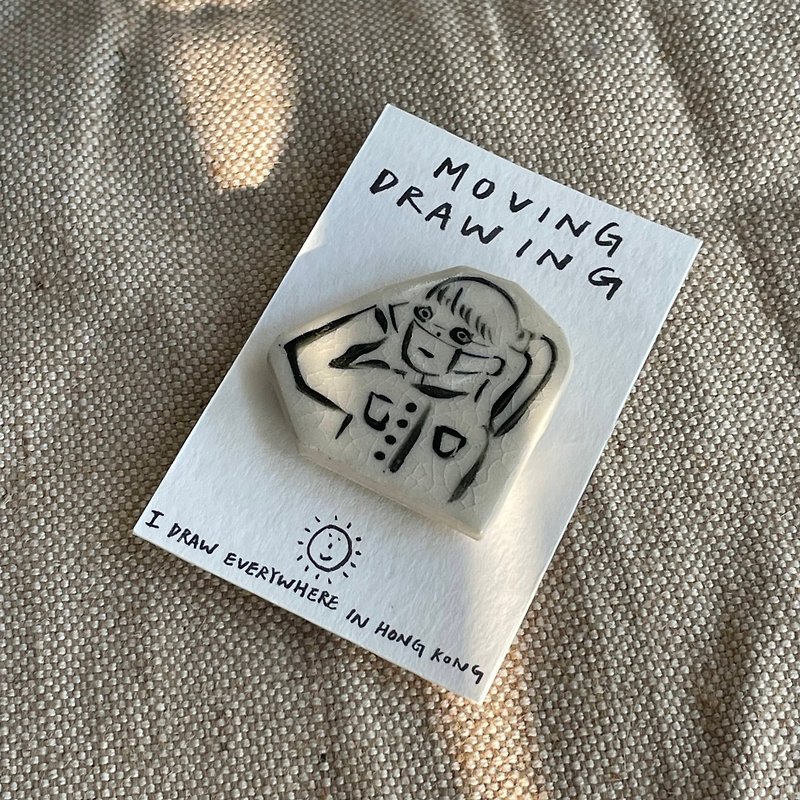 Moving Drawing l #Sleeping Bus Tour  l ceramic pin - Brooches - Pottery White