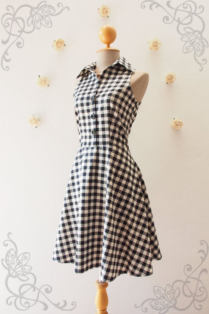 Cotton Dress Gingham Dress Shirt Dress for summer Vintage Black Dress - 洋裝/連身裙 - 聚酯纖維 黑色
