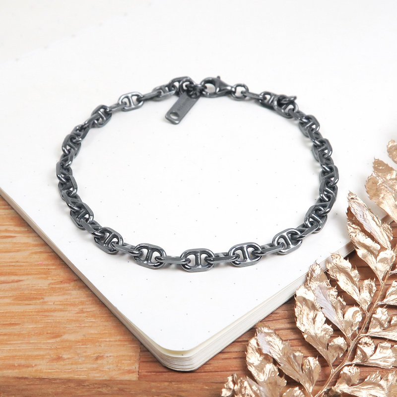 Custom Engraved Sterling Silver Angular Anchor Bracelet, Vintage Black (3.8mm), 925 Sterling Silver Bracelet - สร้อยข้อมือ - เงินแท้ สีดำ