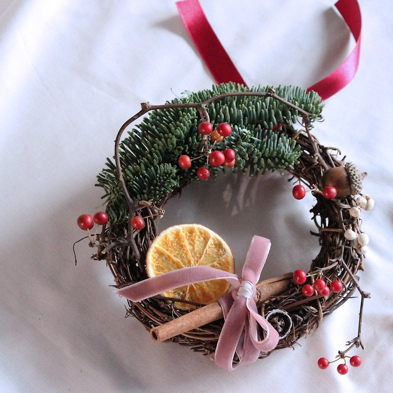 諾貝松聖誕花圈-粉色質感絨緞帶(15-20cm) 聖誕禮物 季節限定 - 乾燥花/永生花 - 植物．花 綠色