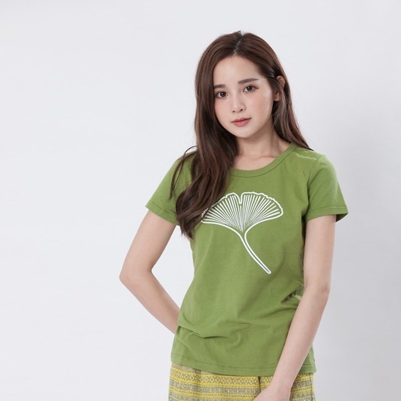 Ginkgo biloba peach cotton T-shirt Women / Green - เสื้อยืดผู้หญิง - ผ้าฝ้าย/ผ้าลินิน สีเขียว