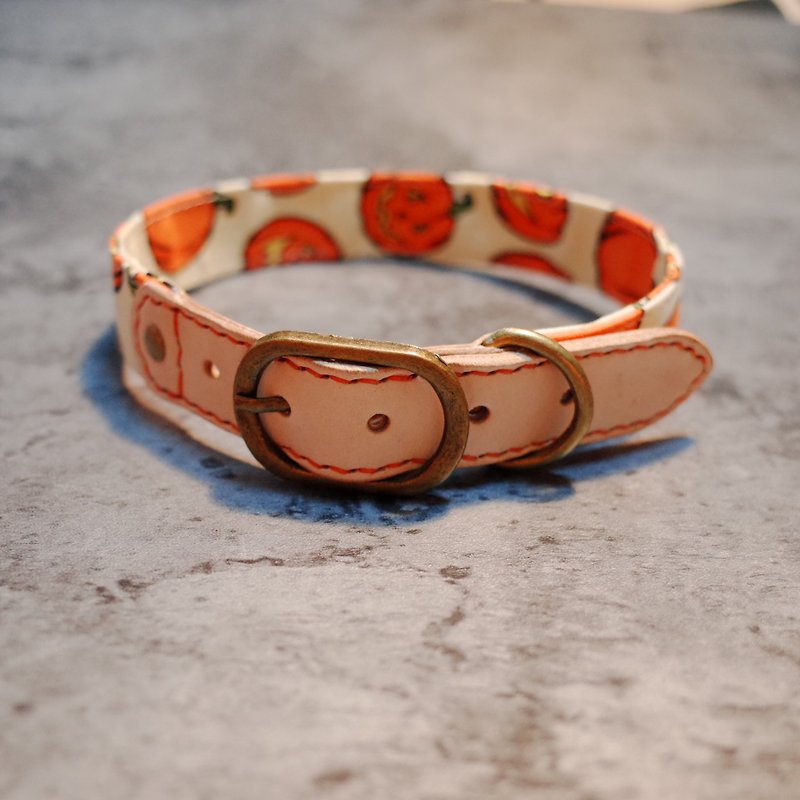 Dog collar size L Halloween big pumpkin plaid can be purchased with a tag with a bell - ปลอกคอ - หนังแท้ 