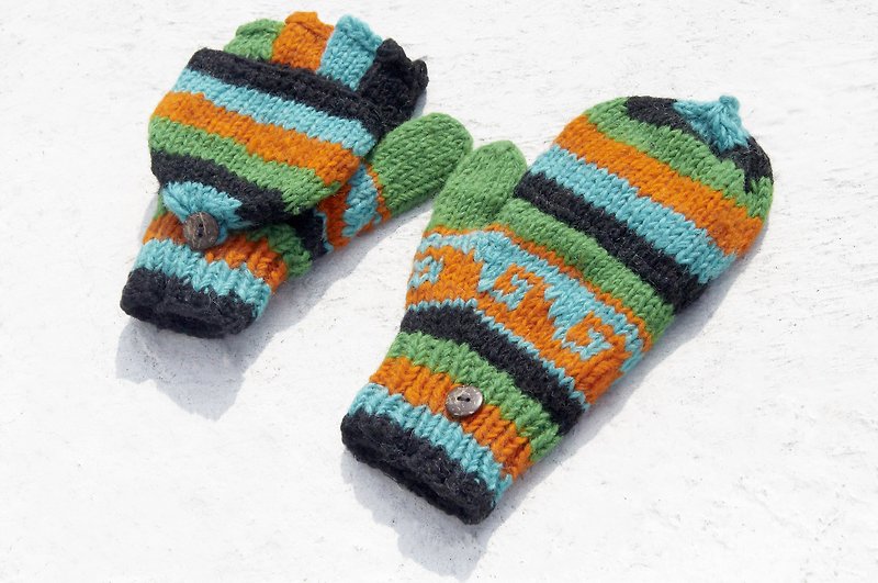 Christmas gift creative gift limited one hand-woven pure wool knitted gloves / detachable gloves / inner bristle gloves / warm gloves (made in nepal)-South American magical green forest ethnic totem - Gloves & Mittens - Wool Multicolor
