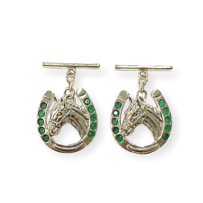 Victorian Style Horseshoe & Emerald Stone 925 Sterling Silver Mens Fathers Gift - 袖扣 - 純銀 銀色