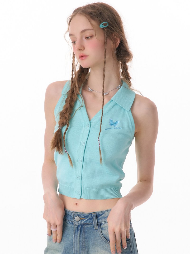 ziziFei夏季新款美式復古蝴蝶刺繡外穿polo領上衣開衫針織背心女 - 背心/無袖上衣 - 其他材質 
