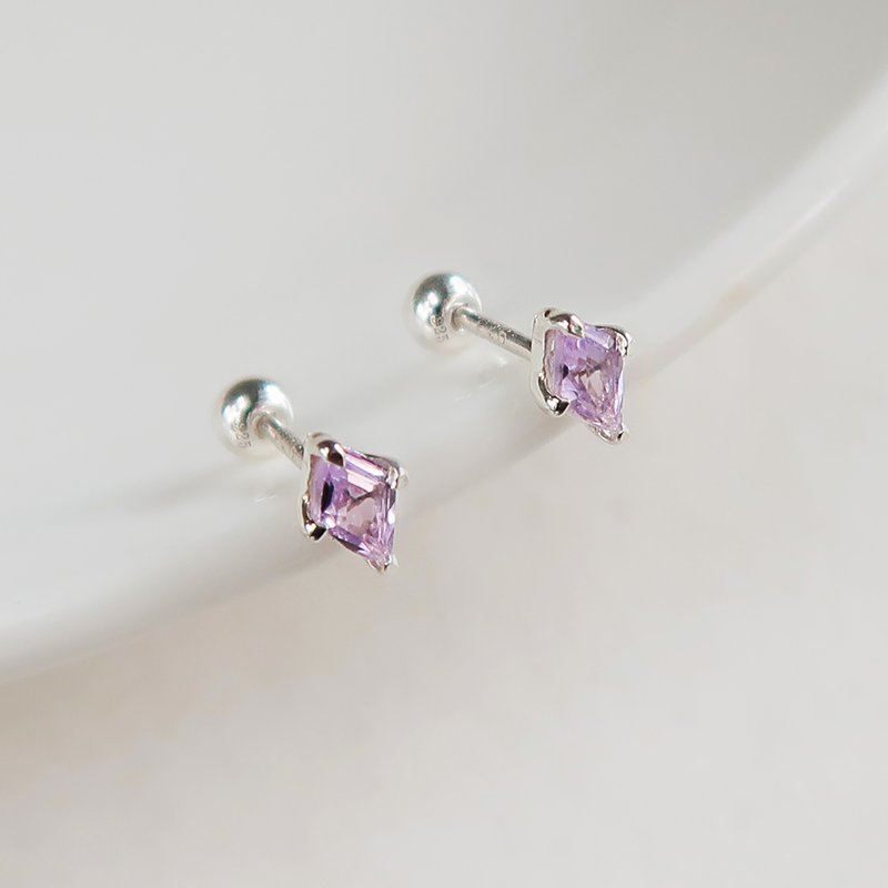 925 sterling silver diamond-shaped amethyst prong-set bead lock earrings and Clip-On with free gift packaging - ต่างหู - เงินแท้ สีม่วง