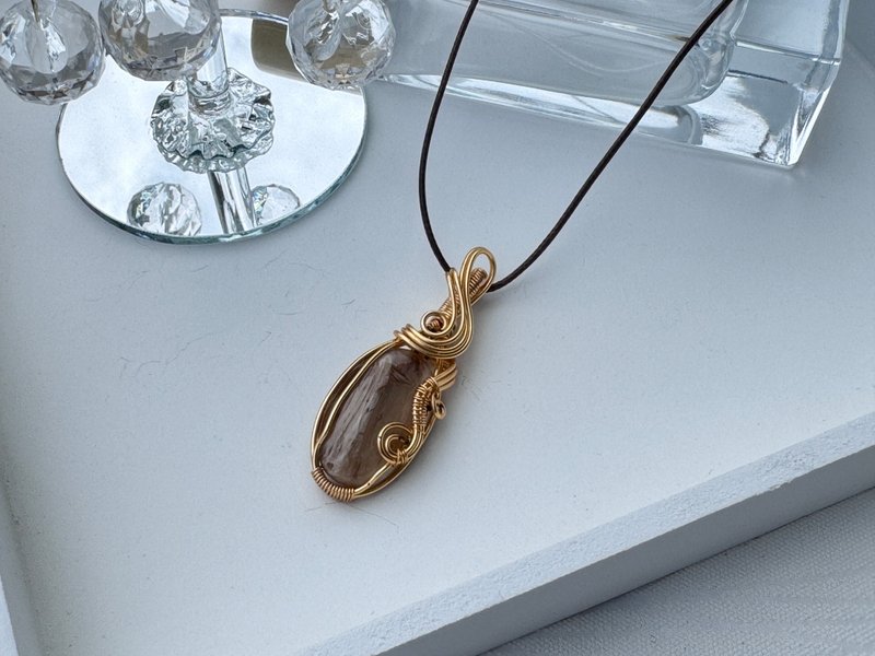 230126 wire wrapping crazy agate Bronze wrapping pendant - สร้อยคอ - ทองแดงทองเหลือง สีกากี