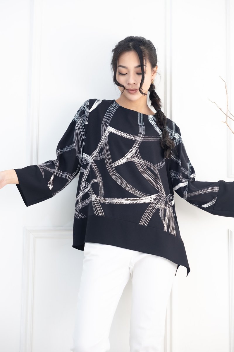 白色線條袖口.下擺拼黑色長袖上衣 黑色 - 女上衣/長袖上衣 - 其他材質 黑色