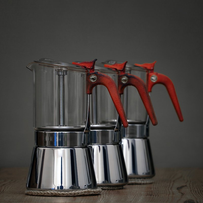 【火紅炭燒把手】玻璃摩卡壺 240ml • HOMER GLASS MOKA POT BHE - 咖啡壺/咖啡周邊 - 不鏽鋼 紅色