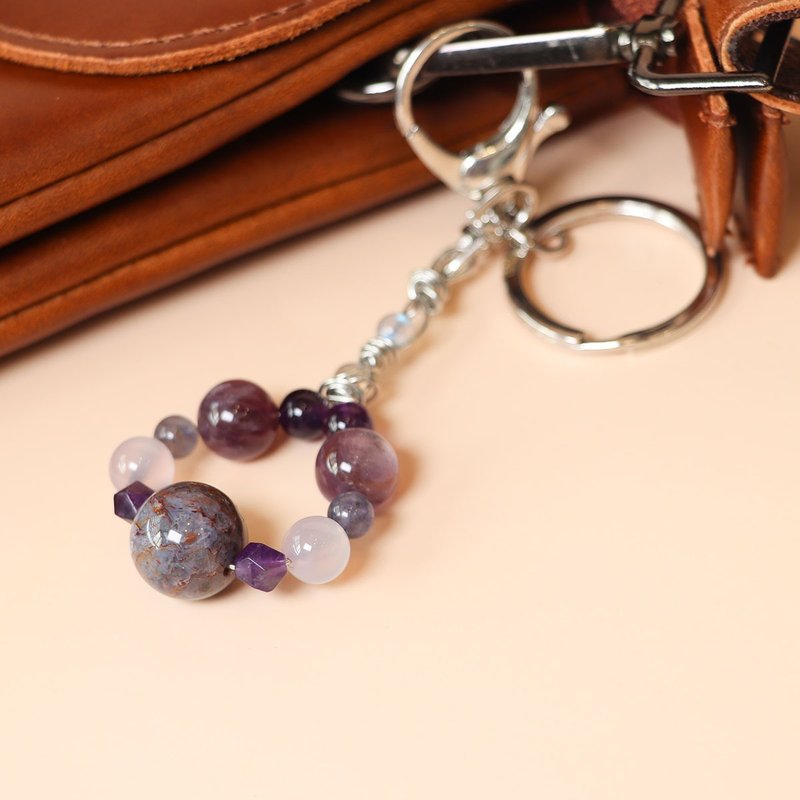 Cool Silver Peter Stone Amethyst Purple Mica Lazuli Purple Chalcedony Gray Moonstone Keychain - ที่ห้อยกุญแจ - คริสตัล สีม่วง