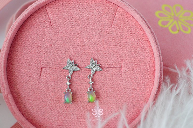 Drop Earrings Natural Opal Silver925, Butterfly earrings - 耳環/耳夾/耳骨夾 - 純銀 多色