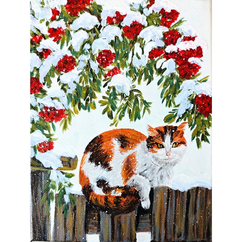 籬笆上的貓 冬季繪畫 原創動物藝術作品 作者 RinaArtSK - 壁貼/牆壁裝飾 - 其他材質 多色