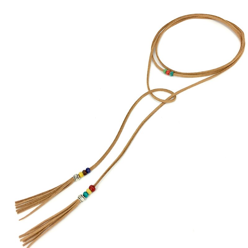 Colored wood suede tassel rope necklace - สร้อยคอ - หนังแท้ สีนำ้ตาล