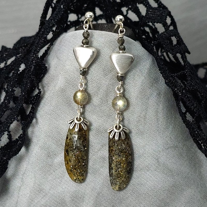 Earrings Natural Silver Mica Labradorite Pyrite 925 Silver Gemstone Jewelry Long Earrings - ต่างหู - เครื่องเพชรพลอย 