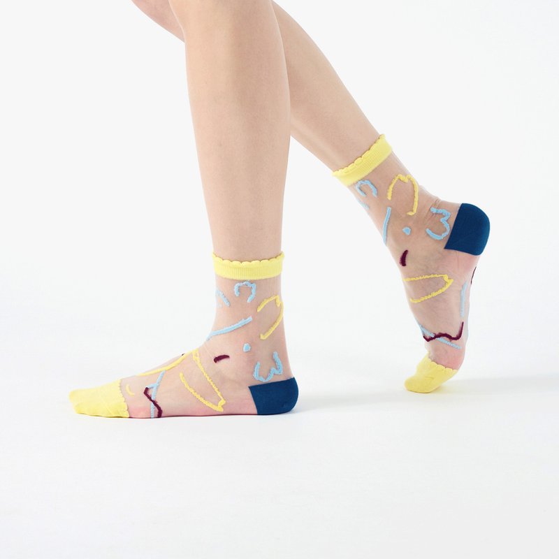 Floral Concerto/Bright Yellow (M)-MIT Design Transparent Mid-calf Socks - Socks - Cotton & Hemp Yellow