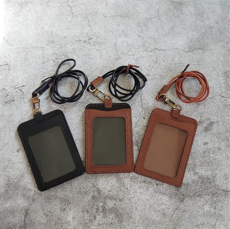 Genuine leather identification card holder, ID card holder (including cowhide lanyard), hand-sewn three-layer vegetable tanned cowhide - ที่ใส่บัตรคล้องคอ - หนังแท้ 