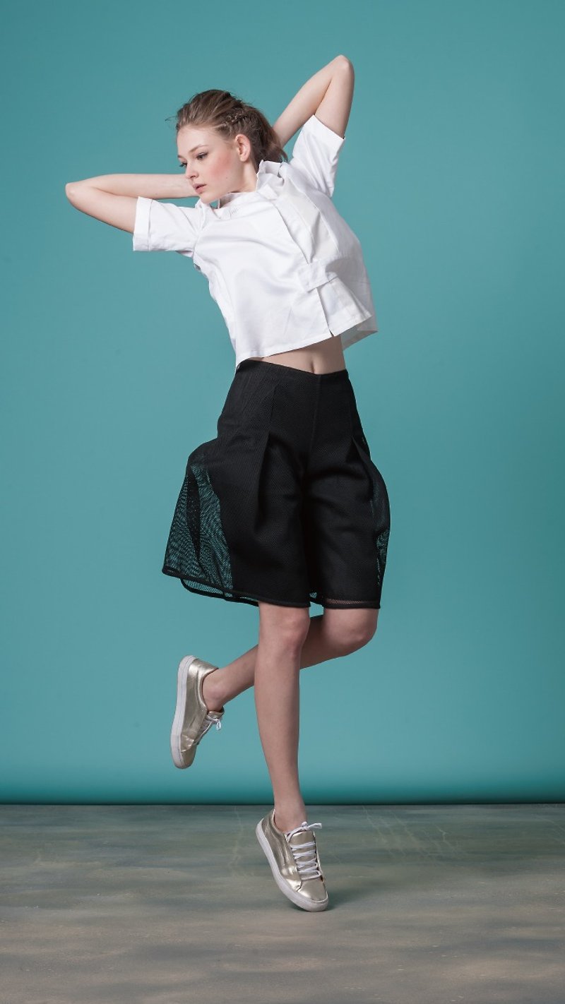 黑色網眼壓褶褲裙(FIT029C0353-S/FIT029C0354-M) - 女長褲 - 聚酯纖維 黑色