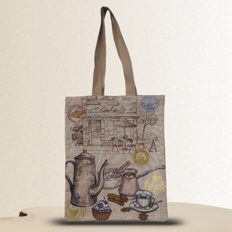 Strong reusable beige tote bag, cotton canvas bag with a cup of coffee - Handbags & Totes - Cotton & Hemp Brown