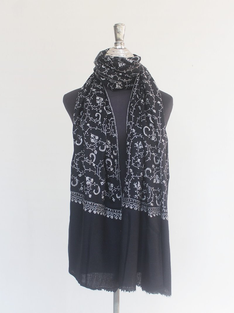 Cashmere Hand Embroidered Cashmere Shawl - Ink Black with Pearl White Embroidery