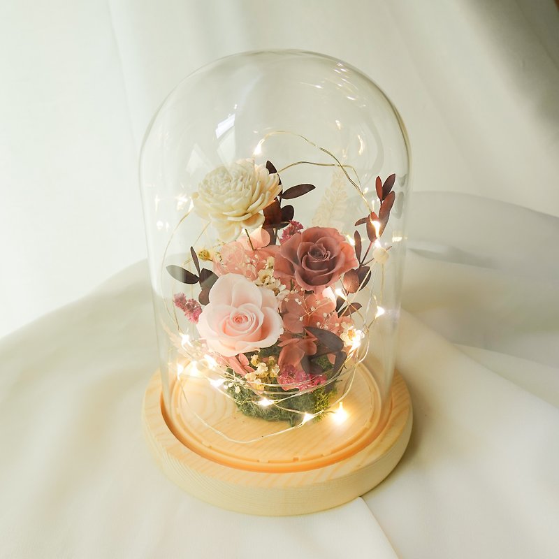 夜燈長型玻璃罩盅-粉色小花 - 乾花/永生花 - 植物．花 粉紅色