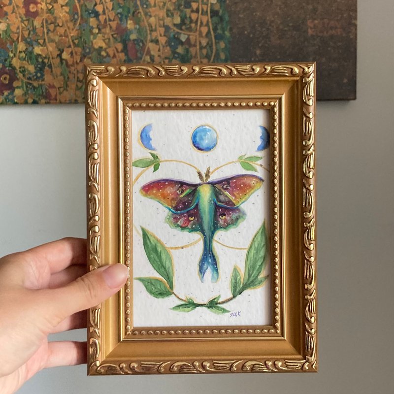 Original Moth Watercolor Painting, Original Framed Painting, Cottagecore Art - Wall Décor - Paper Green